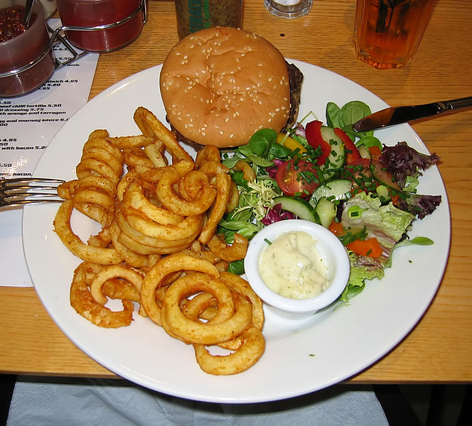 File:Bar-91 burger, curly fries and salad.jpg